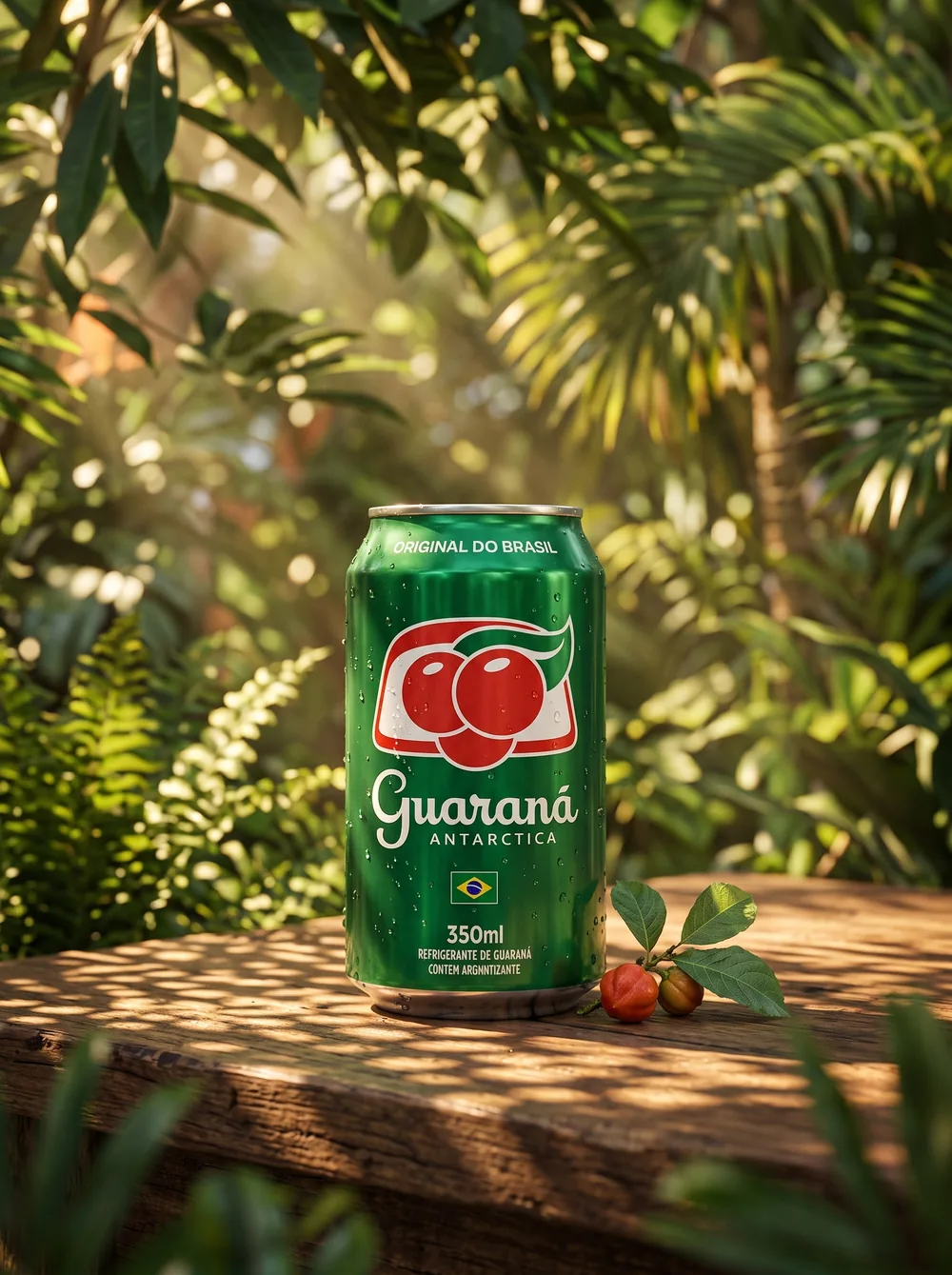 Lata de Guaraná em um cenário tropical criado com IA